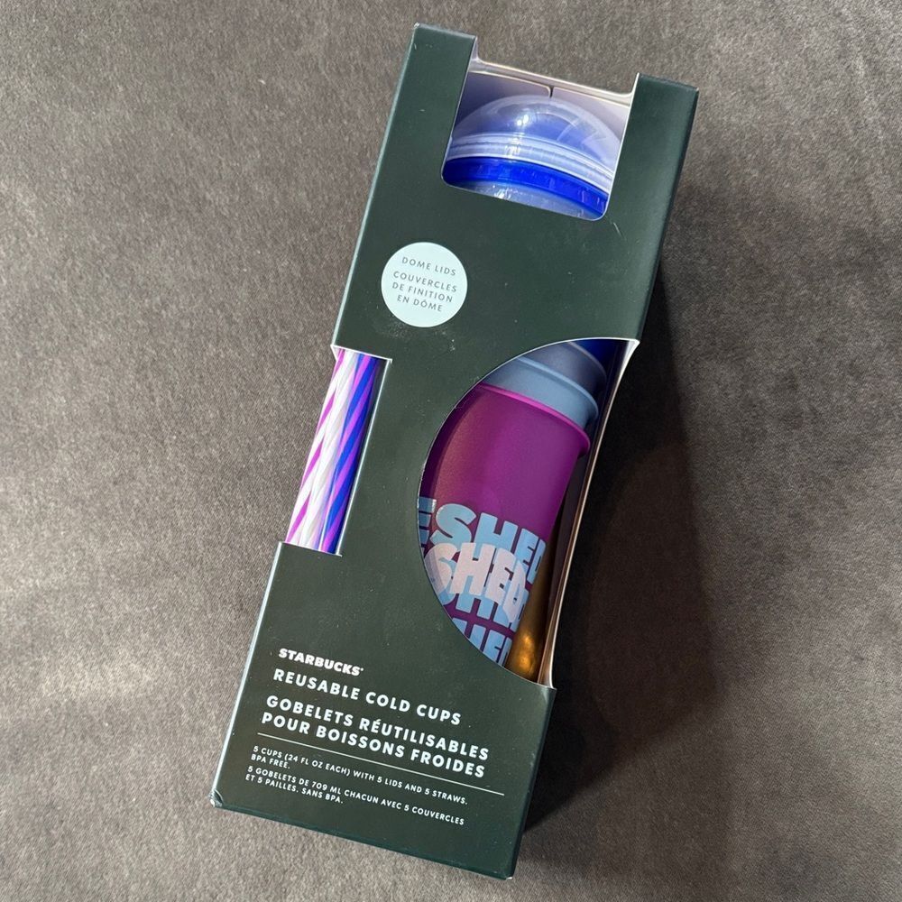 Starbucks 5 Colorful Reusable Cold Cups 24oz with Dome Lids and Straws NEW